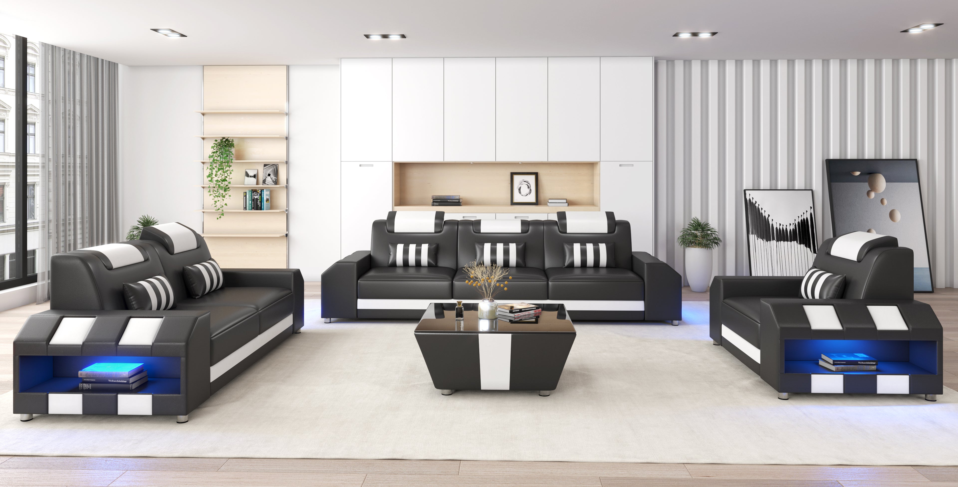 Cosmo LED Leather Sofa Set - Modern 3-Piece Living Room Set with Mood Lighting