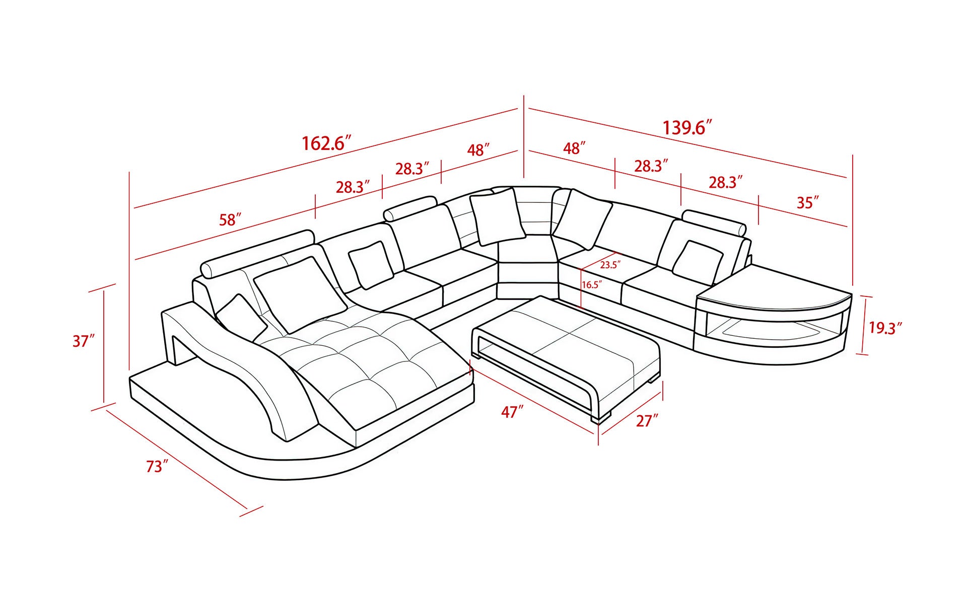 Navasota Large Leather Sectional with Shape Chaise