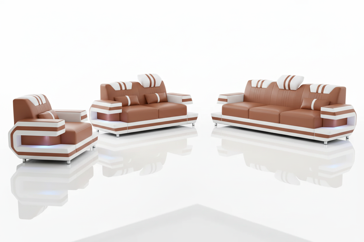 Aura Leather Sofa Set Light Brown White