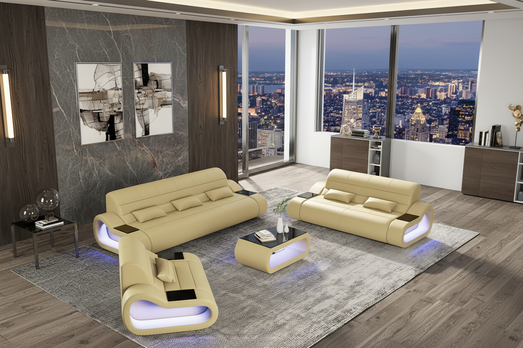 Catina Modern Leather Sofa Set with LED Light - Luxury Penthouse