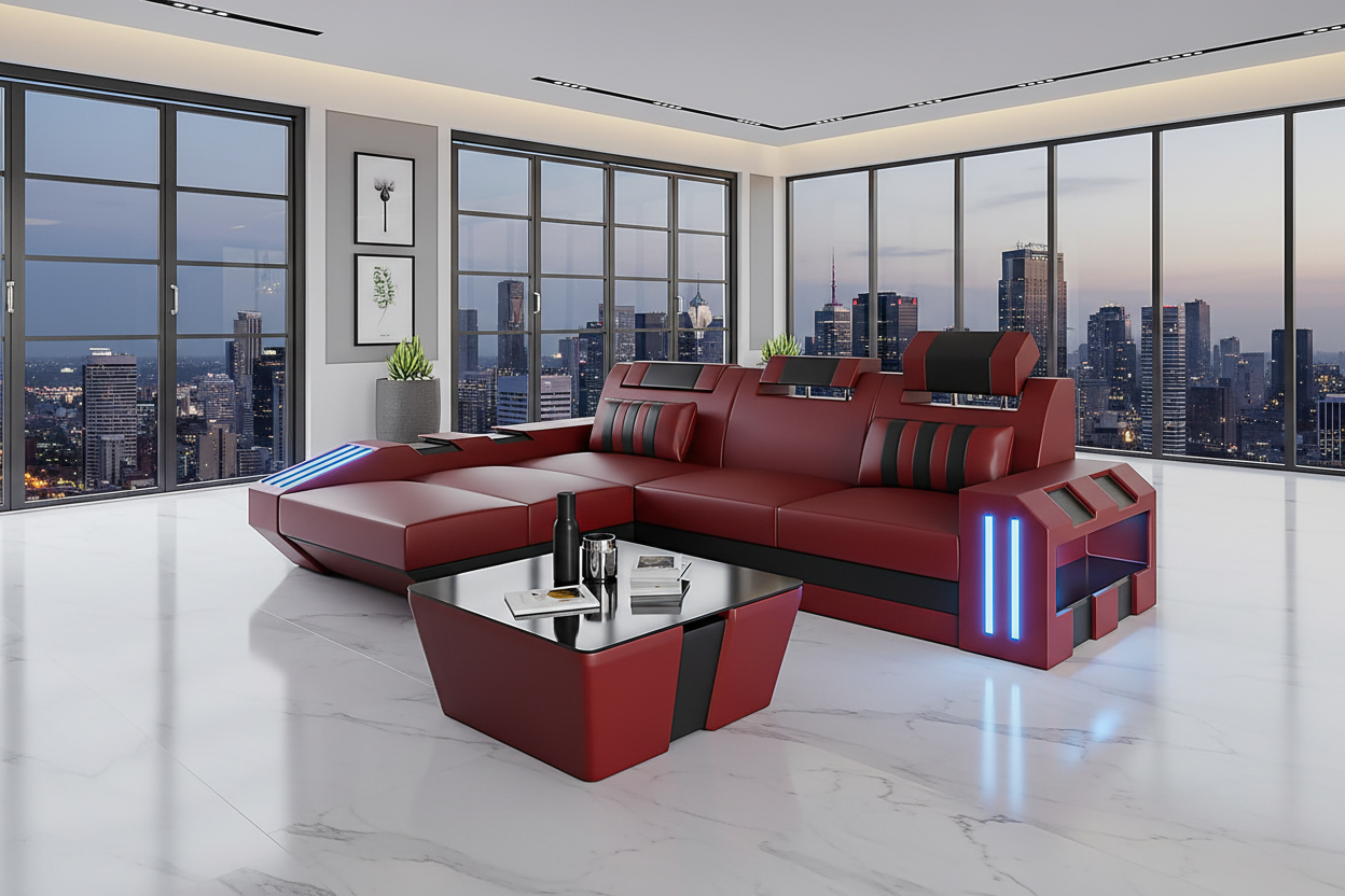 Cosmo Small Modern Leather Sectional with LED - Luxury Penthouse