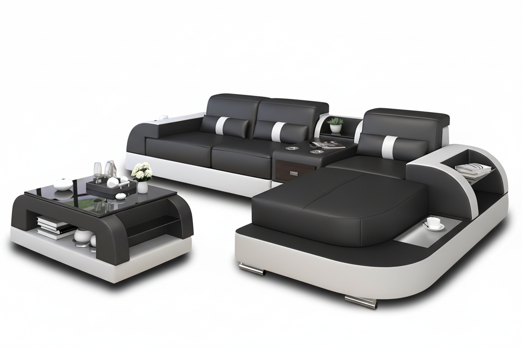 Piliu Small Leather Sectional with Chaise - Headrests Down 1