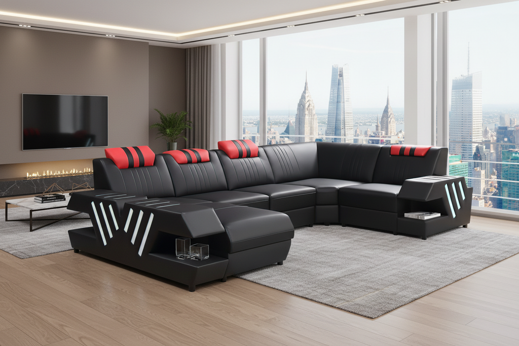 Pluto Modern Leather Sectional with Adjustable Headrest