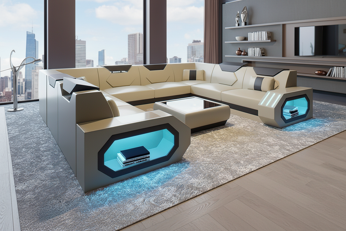 Sahara U Shape Leather Sectional - Daytime Luxury Living Room