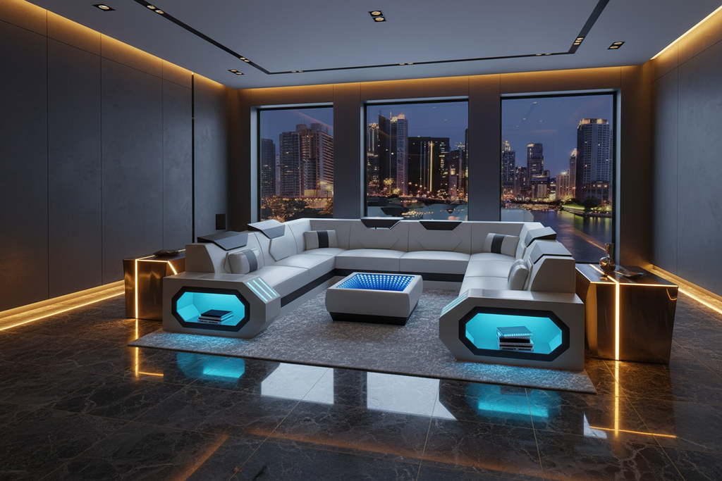 Sahara U Shape Leather Sectional - Nighttime Luxury Living Room
