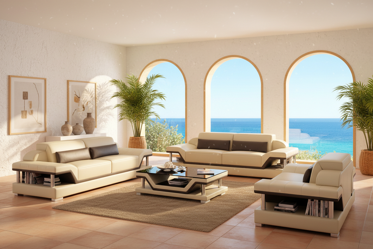 Taliya Leather Sofa Set with Adjustable Headrest - Mediterranean Coastal Villa