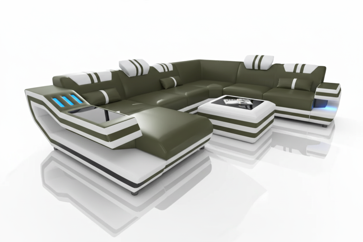 Aura U-Shape Leather Sectional Sofa with LED Light | Modern Designer Couch