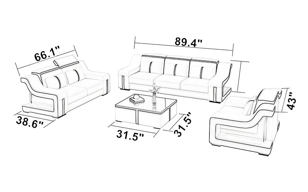 Lisa Leather Sofa Set with LED Light